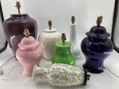 A large purple table lamps, 50cm H approx, a pair of white, and other table lamps, blue, green, pink