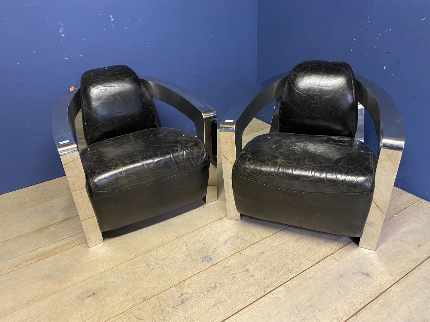 Pair of contemporary chrome and leather tub arm chairs, possibly 19702s/1980s, possibly Halo Mars or - Image 2 of 2