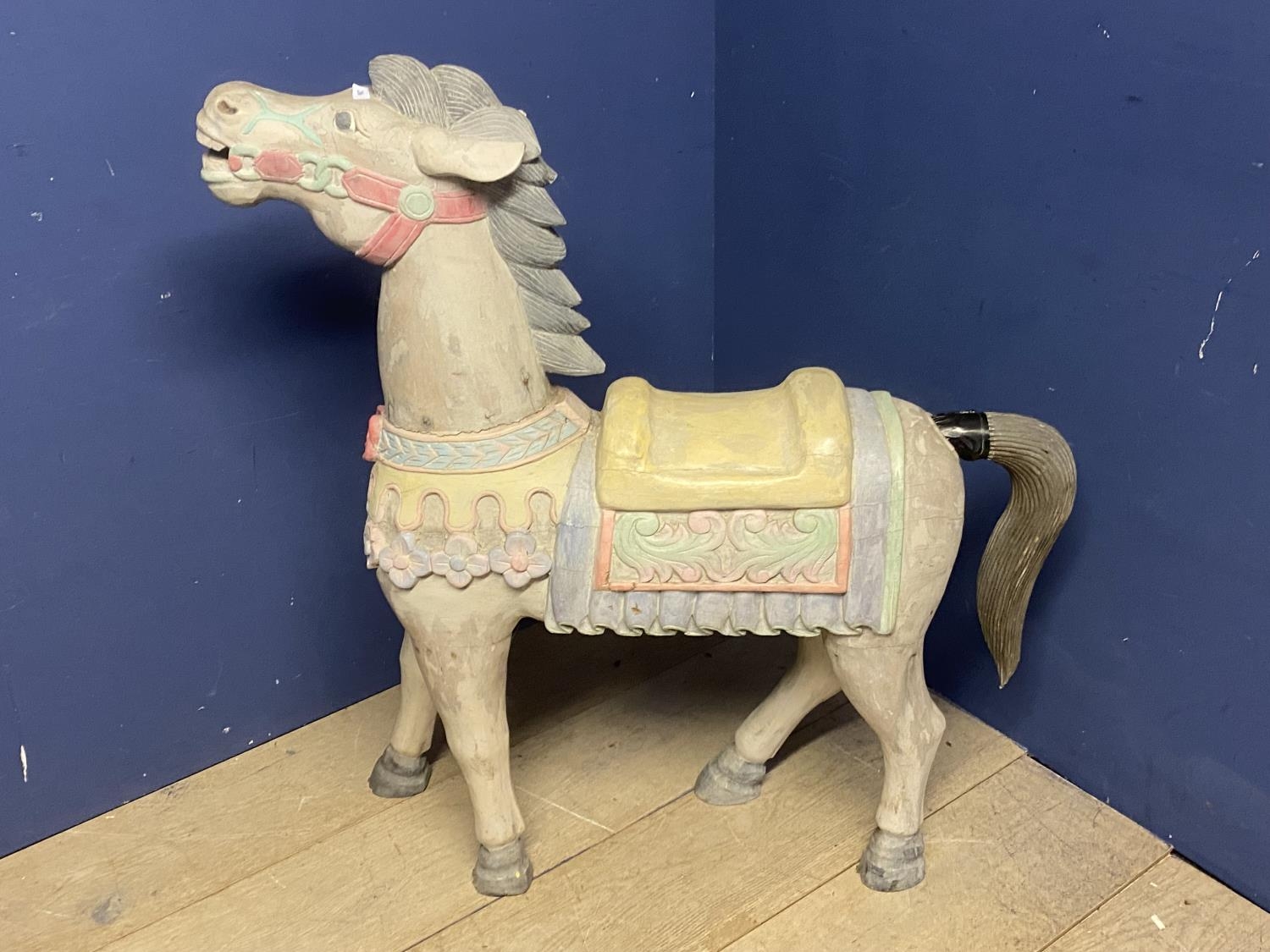 Rustic wooden painted model of a horse, tail needs re-attaching, 110cmH