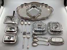 A large collection of silver plated wares to include a pierced galleried tray