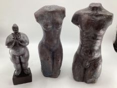 A C20th Spelter model of a naked lady on a cast square plinth together with two cast metal torso