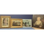 Oil on canvas of a Victorian lady, together with three framed original oil on canvas of country