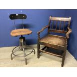 Vintage revolving high chair, with wooden shaped seat and metal base, 91cm High overall; and a large