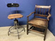 Vintage revolving high chair, with wooden shaped seat and metal base, 91cm High overall; and a large