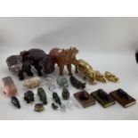 A collection of model Hippos, glass, metal, wood, and a Limoges lidded box with hippo, all as found,