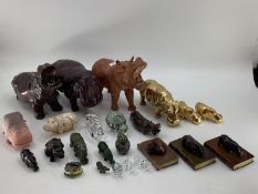 A collection of model Hippos, glass, metal, wood, and a Limoges lidded box with hippo, all as found,