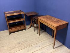 Small mahogany two tier buffet with drawer below, on wheels, and a fold over table, a fall flap