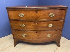 Victorian mahogany bow front chest of three long drawers, 103cm W, some wear and losses