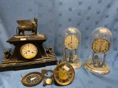 A slate mantle clock, 30 day movement, topped by mythical beast with sphinx 43cm W x 16cm