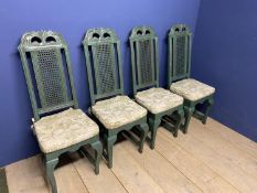 A set of 4 GRAHAM CARR green painted bergere high backed dining chairs with loose cream tie on