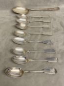 A set of 8 Sterling silver Georgian Scottish tea spoons and one desert spoon 266g