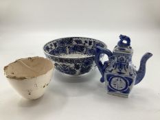 An Oriental Blue and White bowl, overglazed six character mark t base, together with other