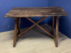 A plank top rustic oak table with X base, 116cmW x 78cm x 70cm, as found, on the lean