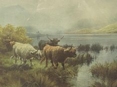Framed and glazed prints of the Highlands and Cattle, titled on Mount, "Sunrise and Sunset on Loch