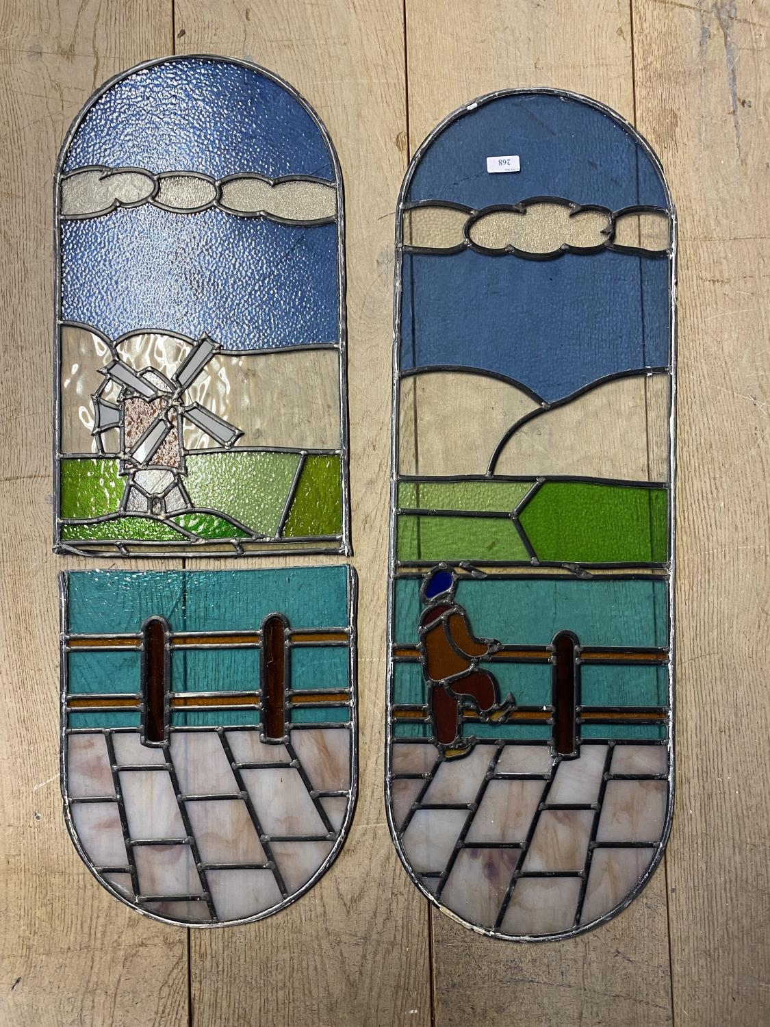 Two stained glass and lead lined panels, as found - see images, 92cm