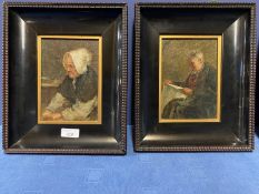 Pair of Portraits, Alken prints, Women in white cloth cap, and Gent reading newspaper, in black