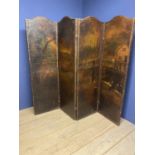 A four panelled folding screen, the front with leather and brass studded, faded illustrations of