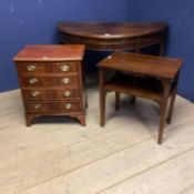 Flame mahogany D-end table, 120cmW, a small bedside chest and an occasional table etc