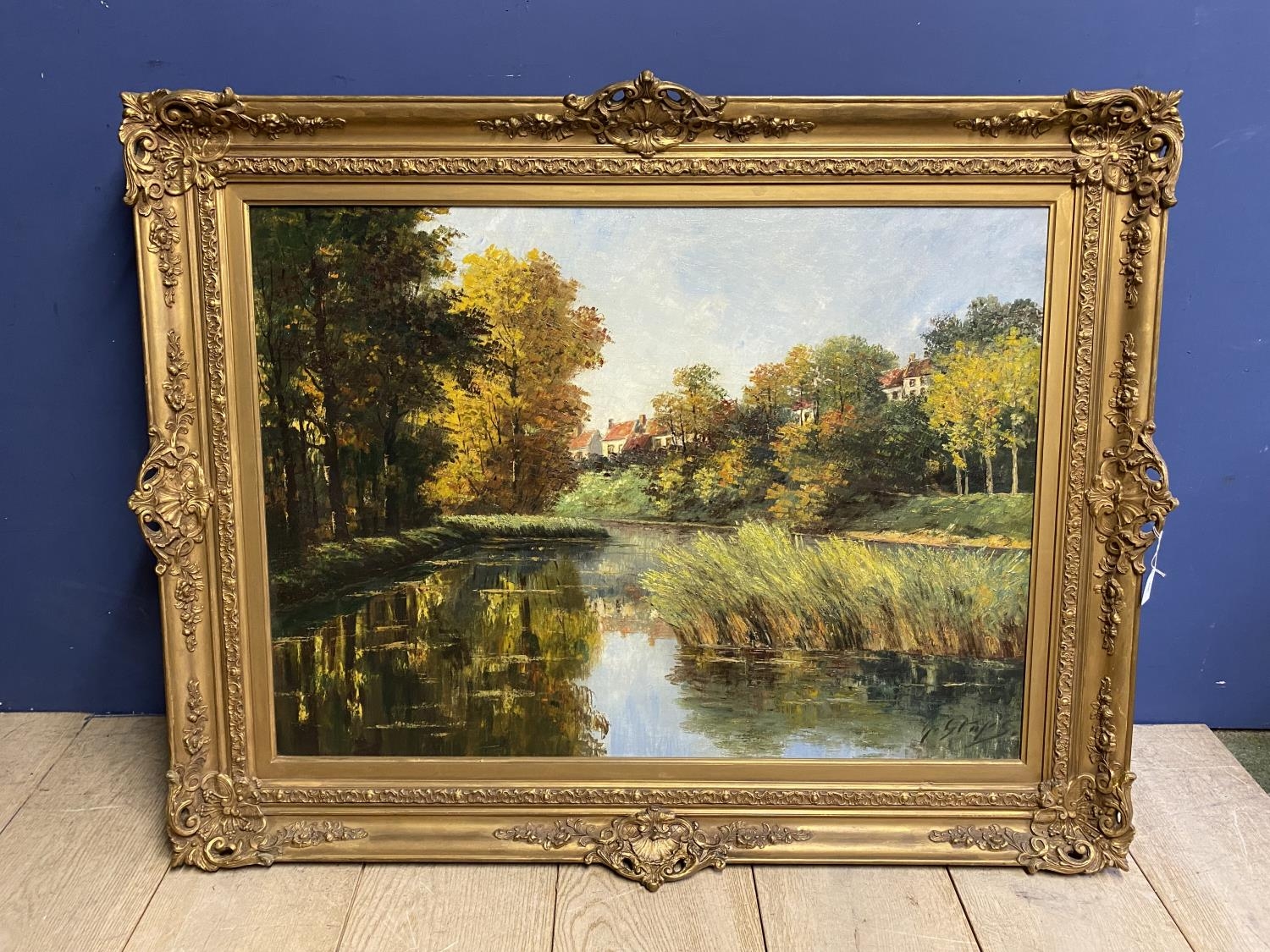 Two gilt framed large oil on canvas of village and river scenes, both approx 71 x 98cm - Image 3 of 5