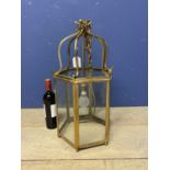 A brass and glass hexagonal hall lantern, 60cm H overall