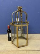 A brass and glass hexagonal hall lantern, 60cm H overall