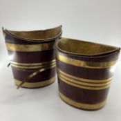 Two late C19th oval mahogany brass bound peat buckets, with brass lined interiors and loop