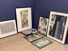 Collection of framed posters and prints, to include Kandinsky exhibition poster, London Underground,