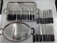 16 Carving knife and forks, Sebatier; together with two silver plated serving trays, each with