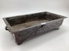 A rectangular Chinese style bronzed footed dish, some wear and losses, and marks to base