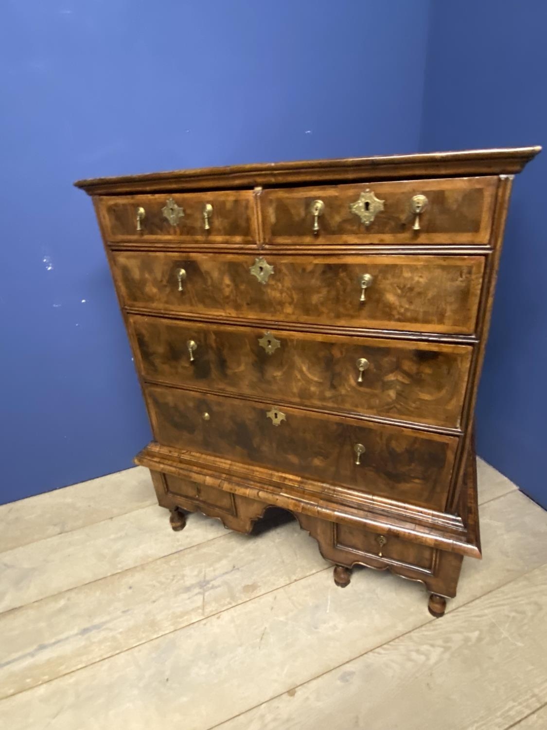 Queen Anne style walnut chest on raised legs (possibly parts not associated) one leg missing at
