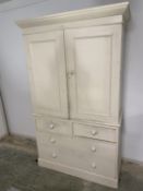 Large cream painted housekeepers style cupboard, above the chest of 2 short and 2 long drawers