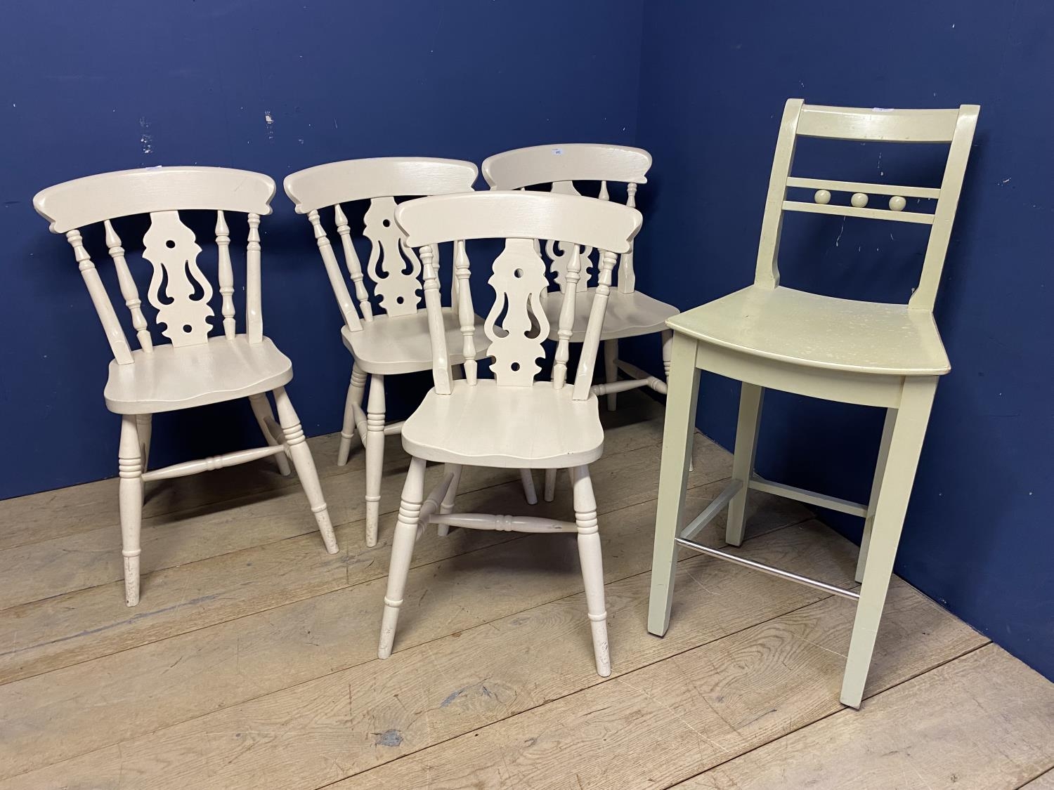 Four painted stick back chairs, and a Neptune stool