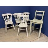 Four painted stick back chairs, and a Neptune stool