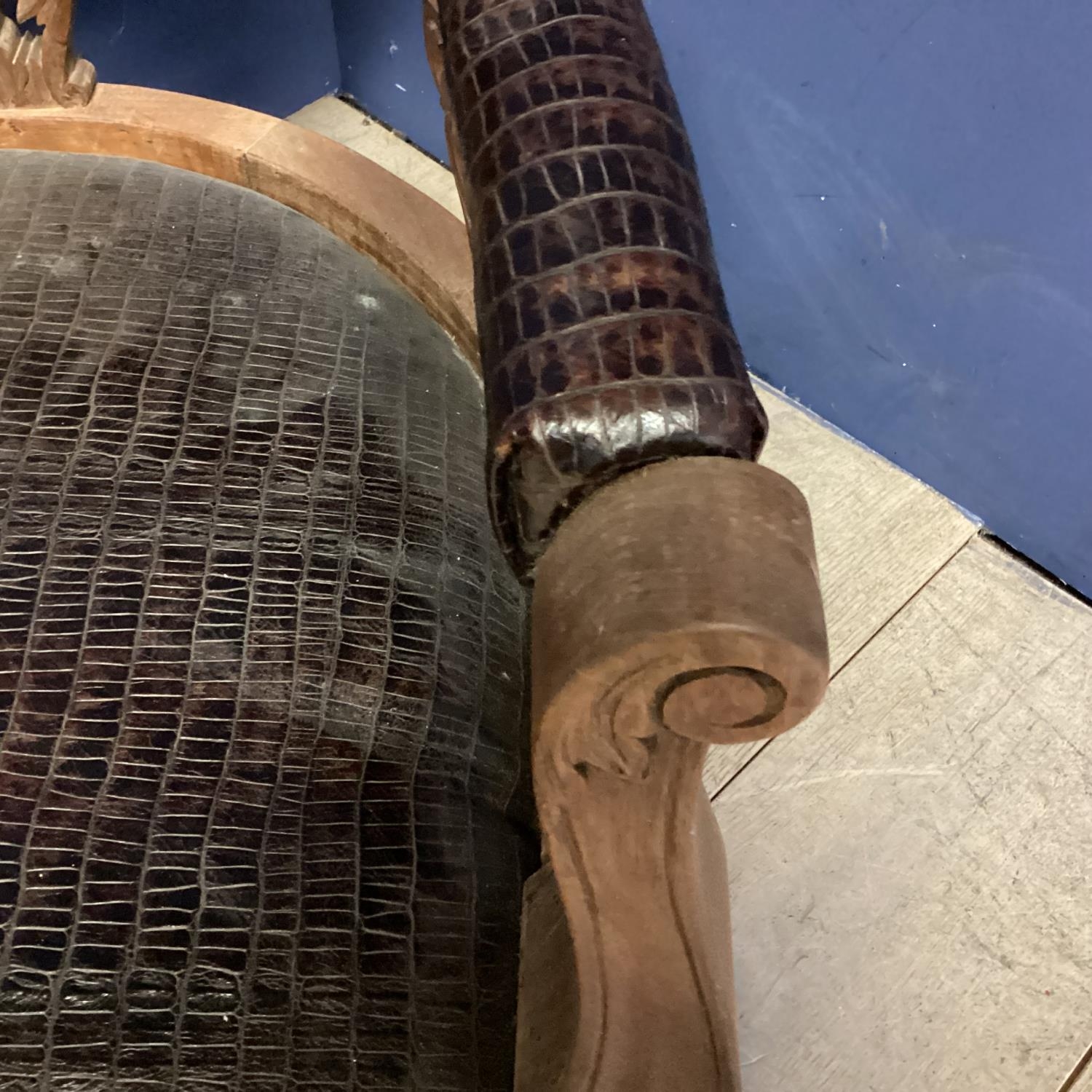 An early C20th walnut tub chair with faux crocodile skin upholstery, 74cmH - Image 2 of 2