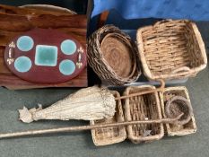 Quantity of general items to include basketware, country walking stick with horne top, an