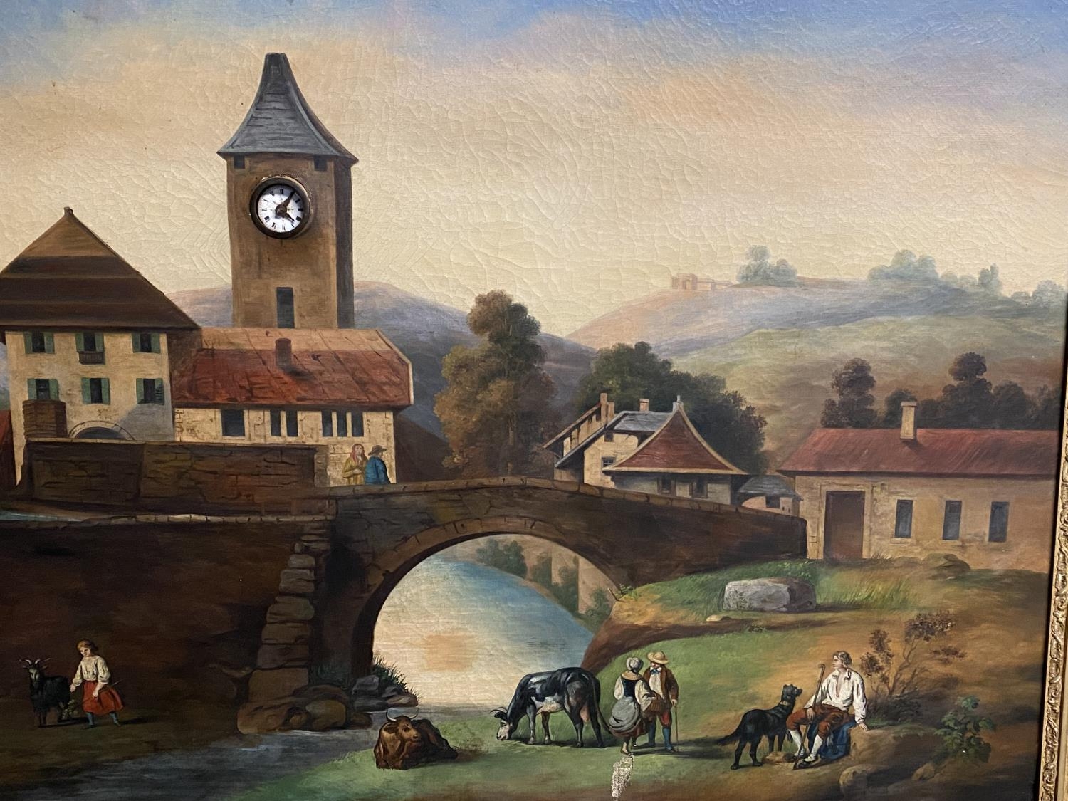 C19th Continental oil on canvas Clock and Musical box picture. Naive village scene. Repaired hole to