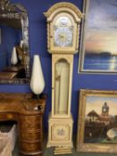 Contemporary small painted long case clock, with glass door, revealing chains, brass weights and