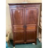 A mahogany and string inlay decoration, two door linen press with added shelves built in to
