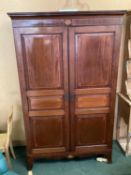 A mahogany and string inlay decoration, two door linen press with added shelves built in to