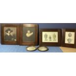 Set of oak Arts and Crafts style picture frames of pegged construction, classical prints, together