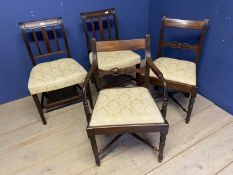 Knee hole desk with green leather top and 4 dining chairs with cream seats