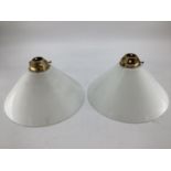 Pair of white glass and brass dome shape light shades, 29cm diam, 19cmH