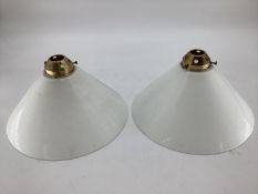 Pair of white glass and brass dome shape light shades, 29cm diam, 19cmH