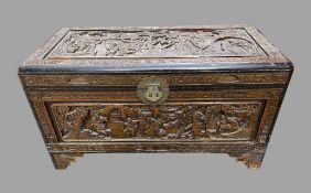 A Carved Camphor Wood Chinese Chest Width 87 cm and Height 47 cm