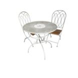 A white metal bistro garden table, with two folding wooden slatted seated chairs