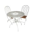 A white metal bistro garden table, with two folding wooden slatted seated chairs