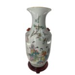 C19th Chinese porcelain baluster vase with famile verte over glaze decoration of noble ladies in a
