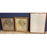 A pair of framed pastel sketches of Labradors and a framed text pictures of collective nouns
