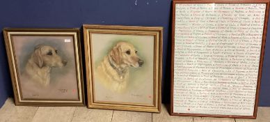 A pair of framed pastel sketches of Labradors and a framed text pictures of collective nouns