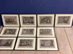 Set of ten etching prints in black glazed frames stamped William Hogarth 25cm x 36cm